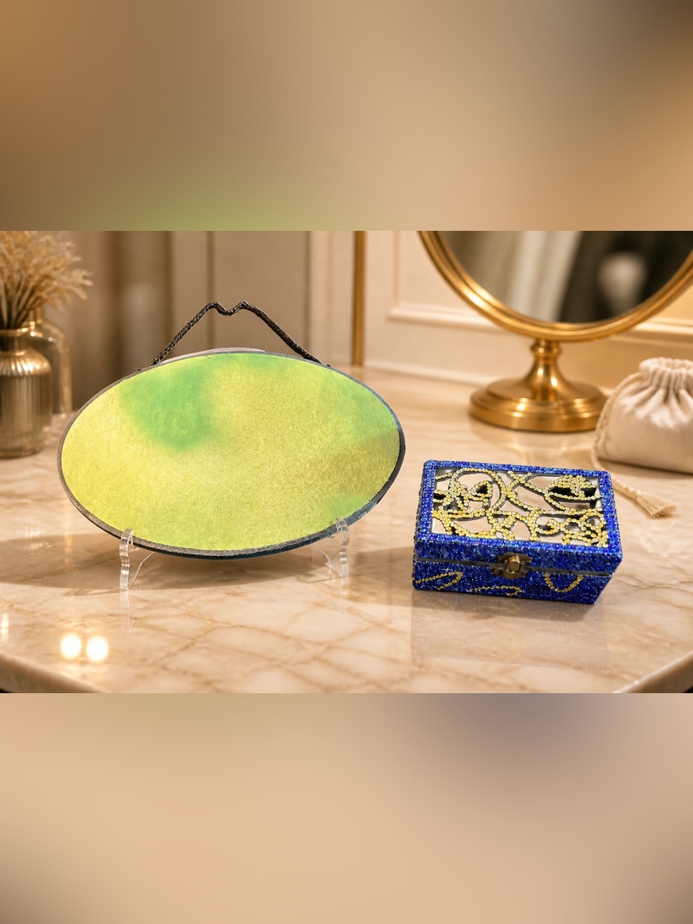 Oval Sign with Blue Jeweled Jewelry Box